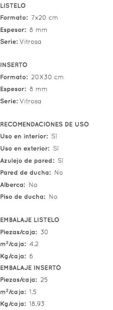 LISTELO Formato: 7x20 cm Espesor: 8 mm Serie: Vitrosa INSERTO Formato: 20X30 cm Espesor: 8 mm Serie: Vitrosa RECOMENDACIONES DE USO Uso en interior: Sí Uso en exterior: Sí Azulejo de pared: Sí Pared de ducha: No Alberca: No Piso de ducha: No EMBALAJE LISTELO Piezas/caja: 30 m²/caja: 4.2 Kg/caja: 6 EMBALAJE INSERTO Piezas/caja: 25 m²/caja: 1.5 Kg/caja: 18.93